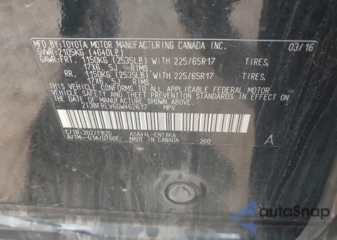 2016 Toyota Rav4 Le из США, поврежденный, VIN 2T3BFREV6GW462617